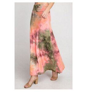 Rae Mode Tie-Dye Printed DTY Fold Waist Band Olive Coral Maxi Skirt Size Large